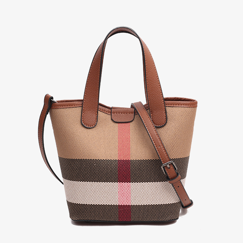 Women's Bag Genuine Leather Canvas Plaid Contrasting Color Handbag Vegetable Basket Bag 2025 New Fashion Single Shoulder Crossbody Bucket Bag