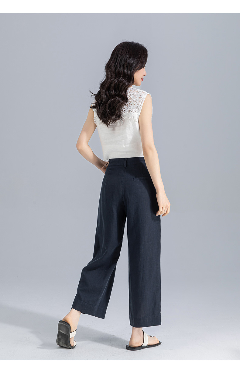 Quần ống rộng nữ cạp cao suông rộng dáng 9 phần vải linen lyocell — màu xanh hải quân chi tiết 30