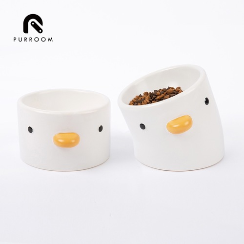 PURROOM Original Ceramic Stomach Chicken Cat Bowl Slanted Mouth Elevated Black Chin Eating Plate Protects Neck from Strain and Prevents Spilling
