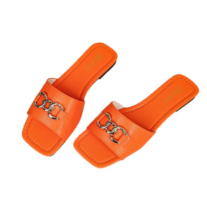 Nuevas zapatillas de verano transfronterizas para mujeres de comercio exterior hebilla de metal cabeza cuadrada zapatillas de playa casuales image 5