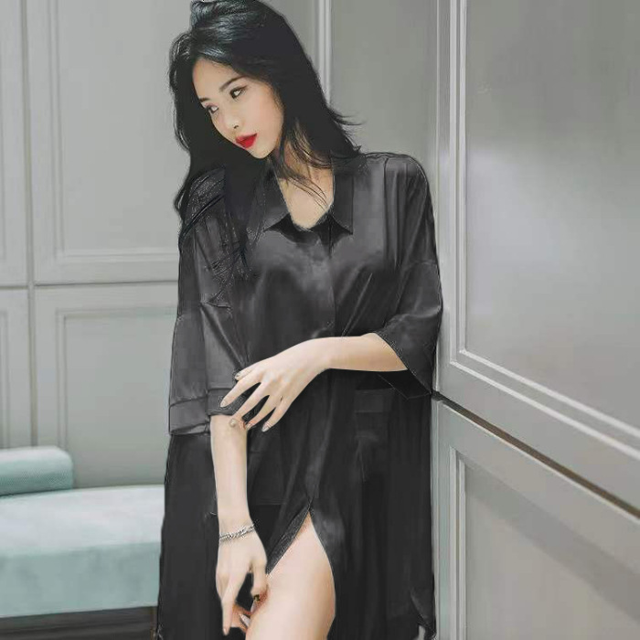 Pijama de verano mujer delgada suelta Chiffon novio camisa de viento seducción pijama mediano largo se puede usar ropa de casa