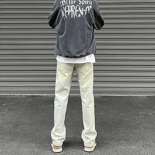 Fall European and American Vibe Streetwear American Retro Yellow Clay Distressed Straight Leg Micro Bell Bottom Pants for Men