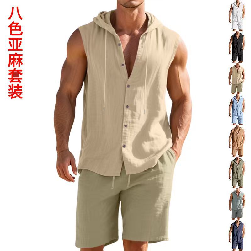 Cross-border European and American Men's Summer American Loose Linen Casual Simple Hooded Sleeveless Shirt Shorts Two-piece Suit Cross-border European and American Men's Summer American Loose Linen Casual Simple Hooded Sleeveless Shirt Shorts Two-piece Suit