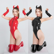 制服情趣束身紧身镜面PVC连体皮衣PU漆皮拉链裤亮皮皮衣套装6838