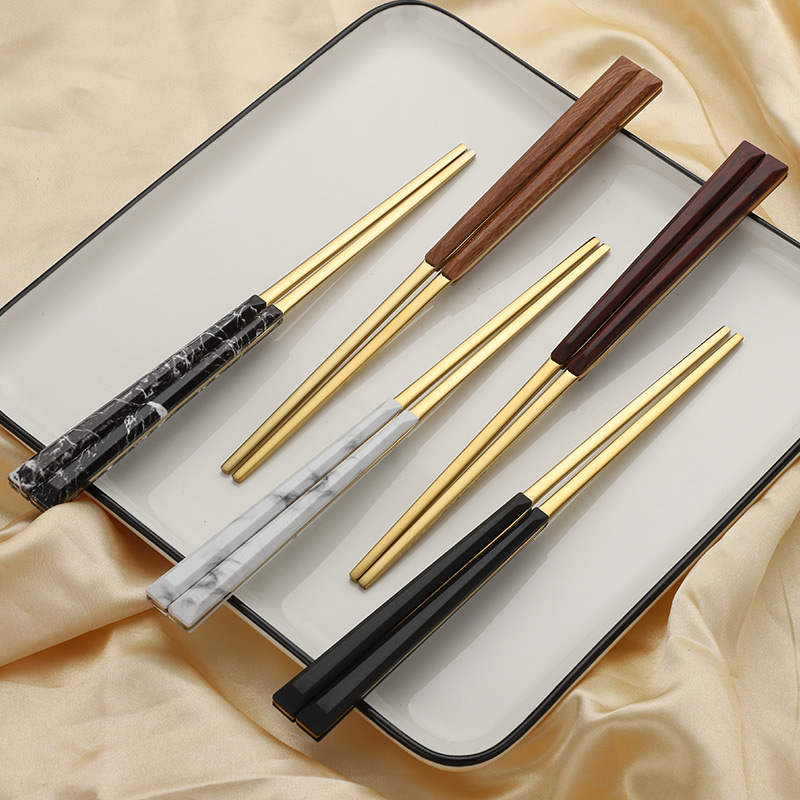 高檔仿木紋夾柄不鏽鋼筷子家用酒店餐廳高顏值仿大理石紋夾柄筷子
