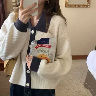 秋冬复古翻领撞色加厚针织开衫女短款长袖慵懒宽松polo领毛衣外套