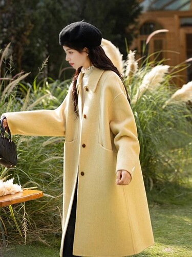 Korean Women's New Autumn and Winter Yellow Placket Double-Faced Woolen Coat Thick Medium-Length Wool Outerwear