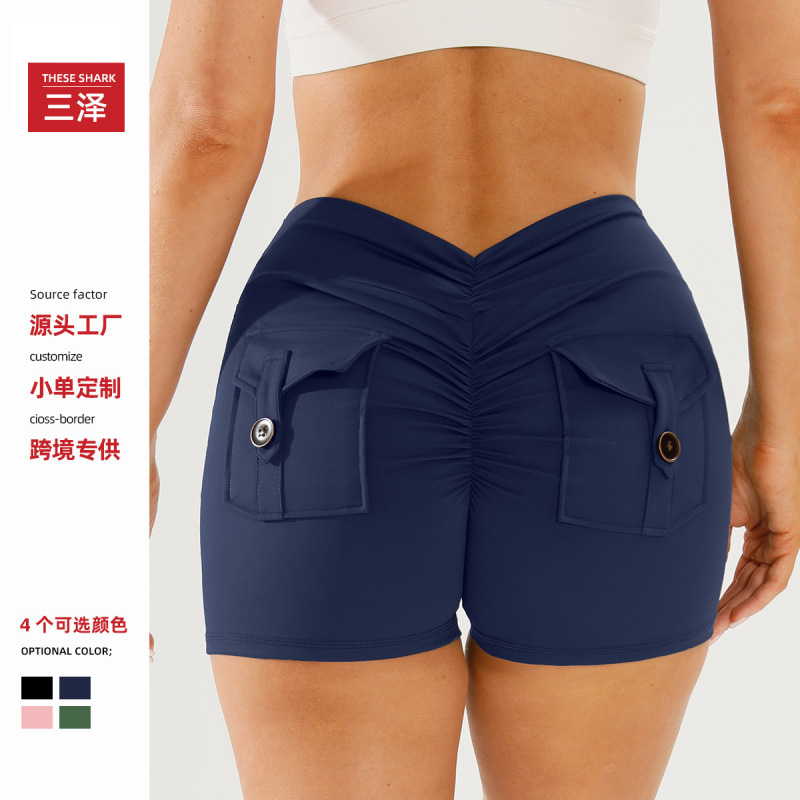 European and American Style Workwear Pocket Yoga Shorts for Women, High-Waisted V-Waist Butt-Lifting Quick-Dry Stretchy Fitness Running Shorts