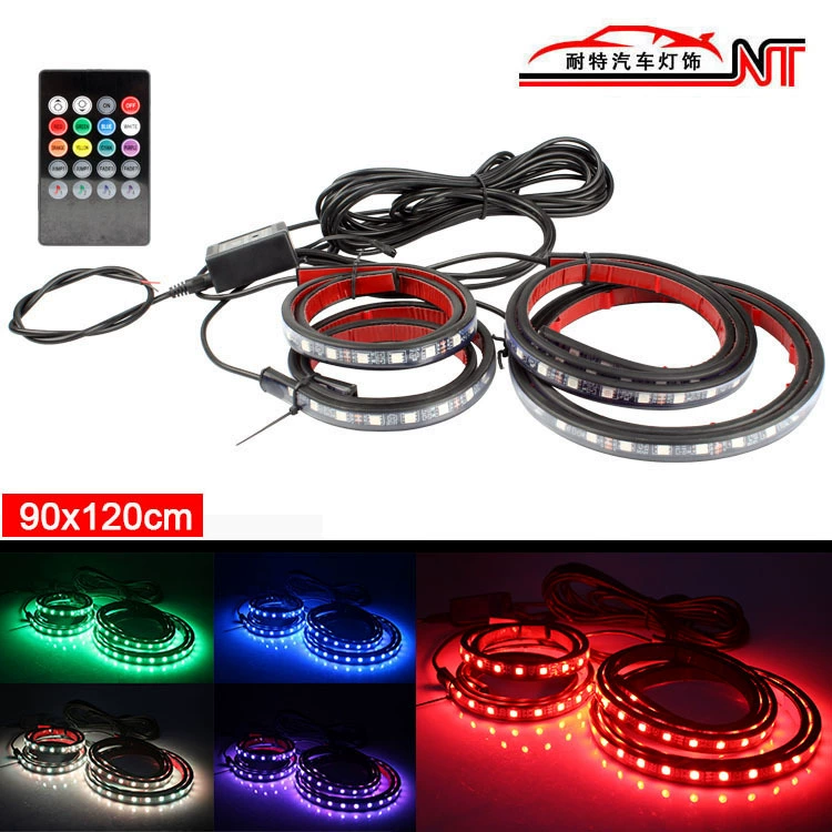 Лампа шасси автомобиля красочная лампа дистанционного управления один перетаскивание четыре Светодиодная лампа голосового управления атмосферная лампа RGB пульт дистанционного управления 90*120 см