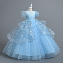 2024夏季跨境蓬蓬裙公主裙女童修身氣質連衣裙舞台服短袖長裙