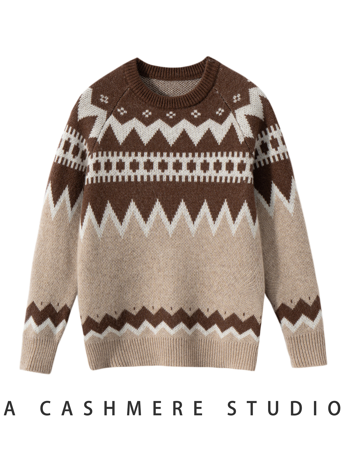 Thick, high-quality Fair Isle color-blocked pullover top for girls and boys, made of cashmere.