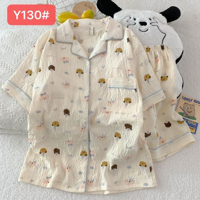 Pijamas de algodón de nube al por mayor transfronterizo para mujer nueva rebeca de verano solapa pantalones cortos de manga corta traje de servicio a domicilio dulce y lindo