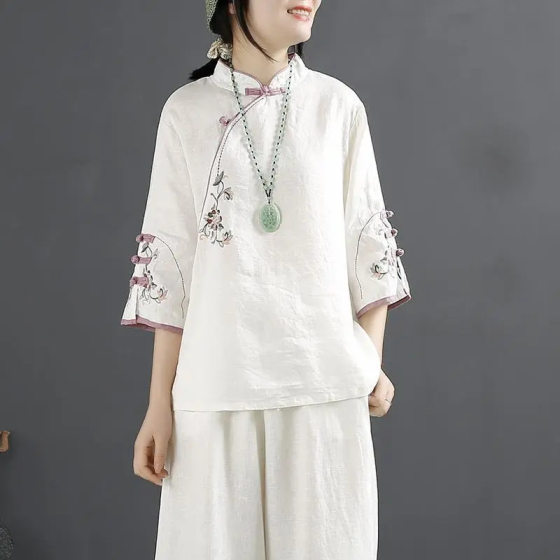 2023 New Chinese Style Vintage Cotton and Linen Shirt Women's Spring and Summer Chinese Style Vertical Collar Buckle Top Slant Placket Embroidered Tea Clothes