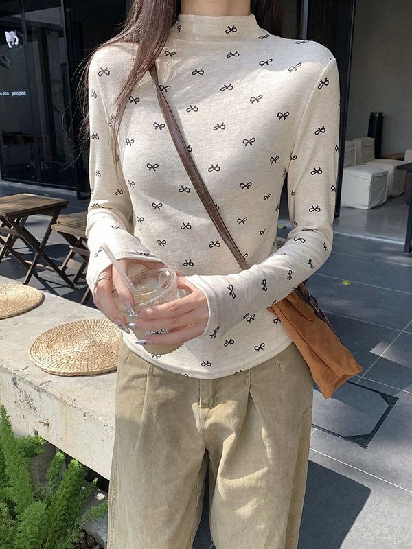 半高领德绒内搭打底修身上衣女秋冬季新款蝴蝶结碎花长袖T恤衫女|undefined