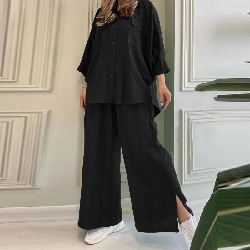 Women's Clothing women's fashion casual loose solid color cotton and linen shirt long sleeved pants suit two piece set_voghion.com