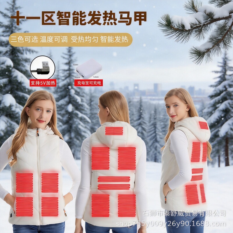 Cross-Border Wholesale Smart Heating Clothing USB Electric Heating Hooded Heating Vest Women's Pure Color Casual Cold-Proof Thermal Clothing