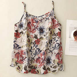 2025春夏新款文艺复古甜美印花可调节肩带U型领复古吸汗透气吊带