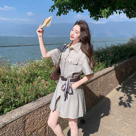 韩系复古工装衬衫连衣裙套装女夏新款超火气质屁帘叠穿短裙两件套