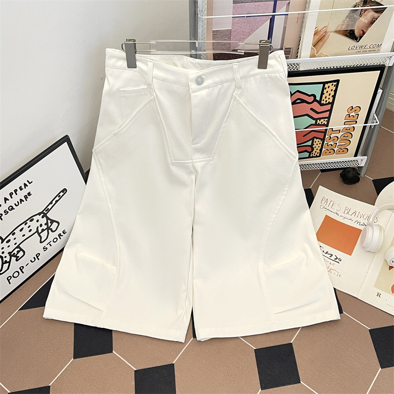 Summer Curved Cropped Pants for Men, Straight Casual Trendy Versatile Trendy Mid-Length Pants, Pleated Retro Handsome Scimitar Shorts