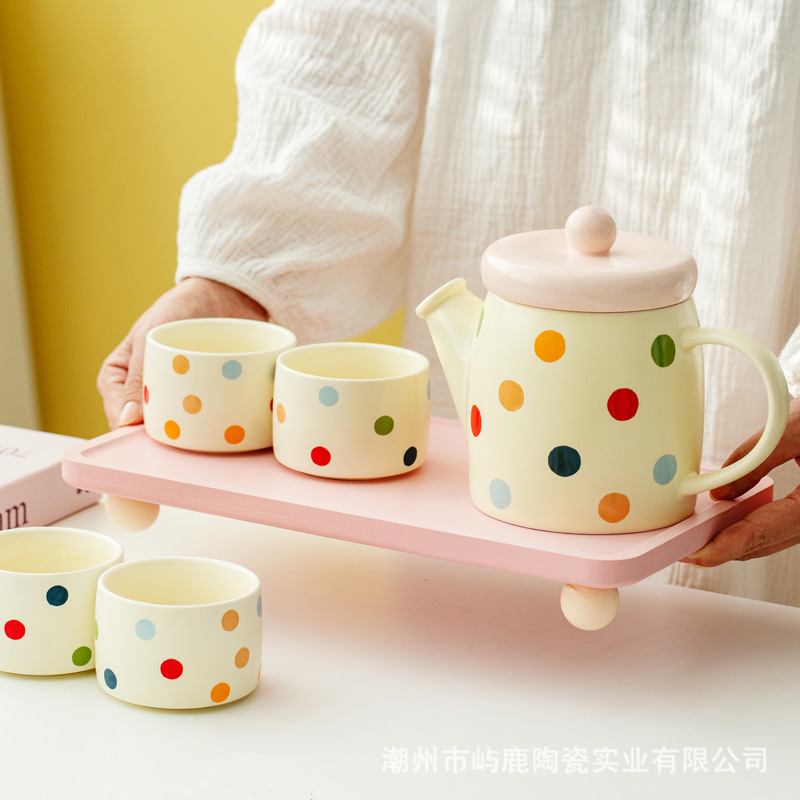 彩色波点陶瓷水具套装复古高颜值陶瓷茶杯花茶壶礼盒乔迁伴手礼女
