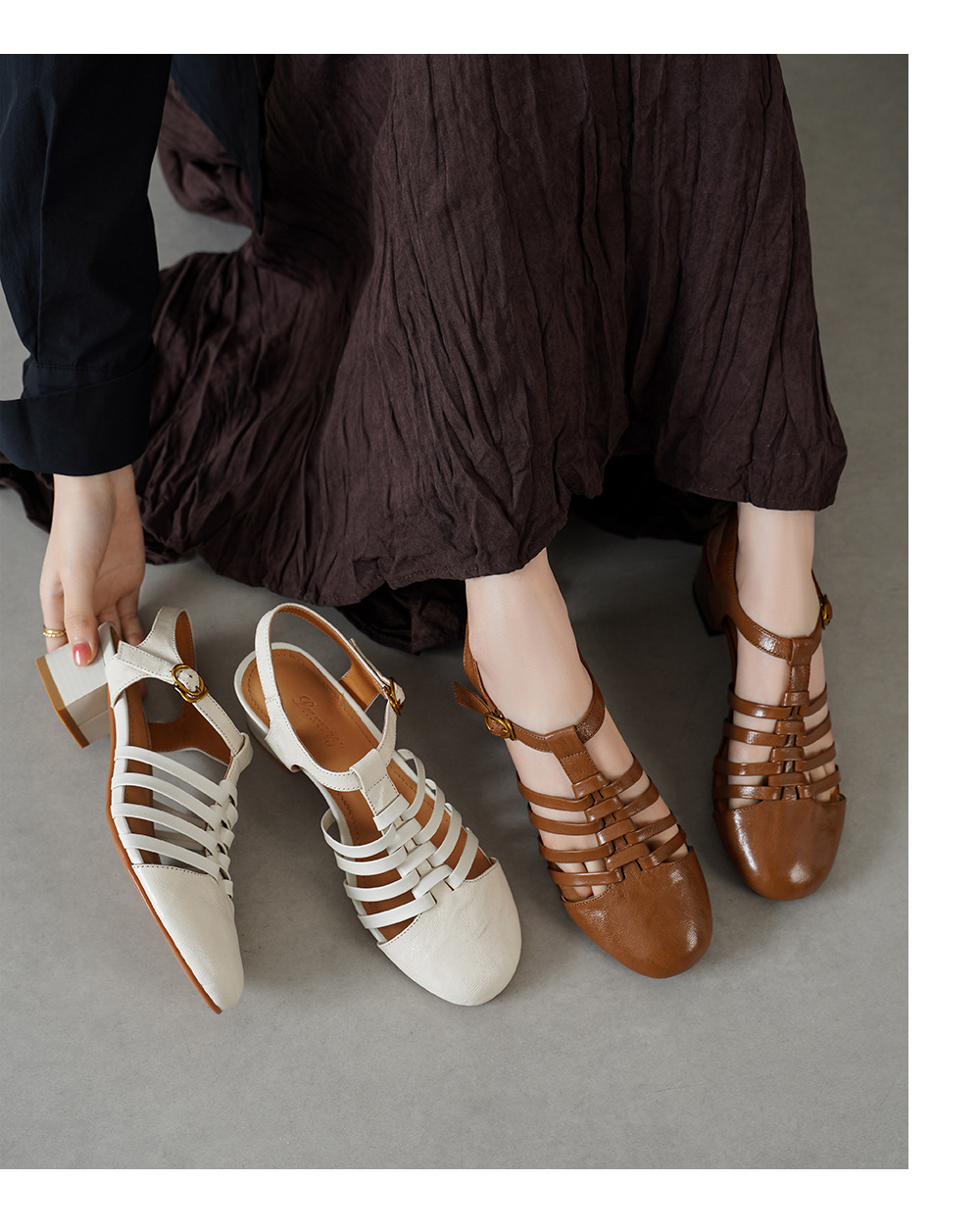 Sandal nữ cổ điển mũi nhọn quai T khóa, gót 5 cm, da cừu mềm — màu trắng ngà chi tiết 2