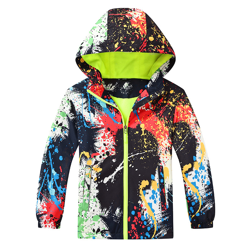 New Outdoor Jacket for Middle and Large Children, Children's Waterproof Breathable Jacket, Boys' Clothing, Fleece-Lined Hooded Windbreaker