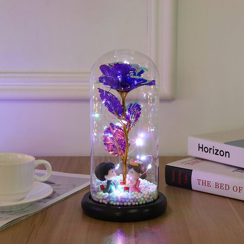 Eternal Rose Glass Cover Chinese Valentine's Day Street Stall Gift Colorful Gold Foil Flower Color Gold Simulation with Lights