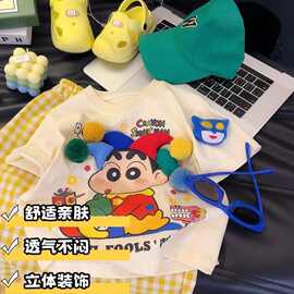 儿童夏季卡通立体玩偶小新印花T恤男女童半袖吸汗透气童趣短袖