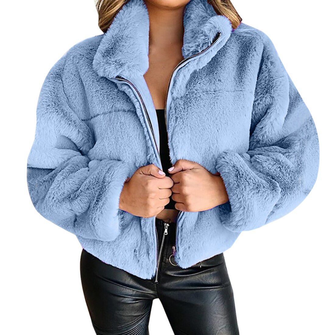 Cappotto donna finta pelliccia cardigan cerniera effetto coniglio_voghion.com