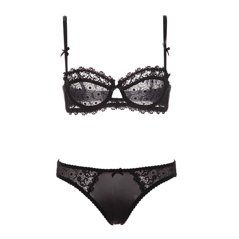 Sujetador sexy de venta caliente europeo y americano, conjunto de sujetador de lazo de encaje ultrafino, ropa interior de media taza de estilo fino sexy de gran tamaño