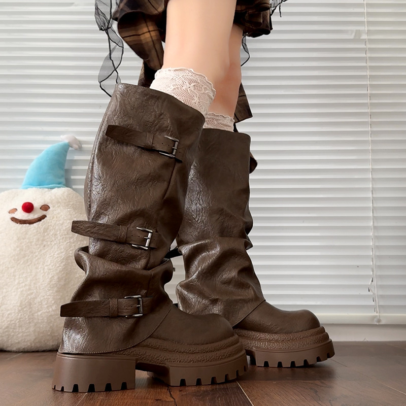 Sheepskin Version ~ Sweet and Cool Style Petite Thick-Soled Height-Increasing Slimming Booties for Women, Retro Pleated Western Cowboy Boots