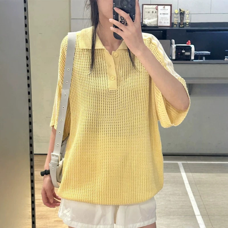 Clover Summer Casual Loose Mesh Crochet Sports Top Short-Sleeved Polo Shirt for Men and Women