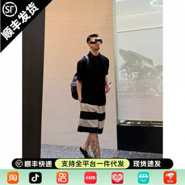【简调肌理条纹/短裤】夏日潮流新款男士松弛五分裤撞色条纹短裤