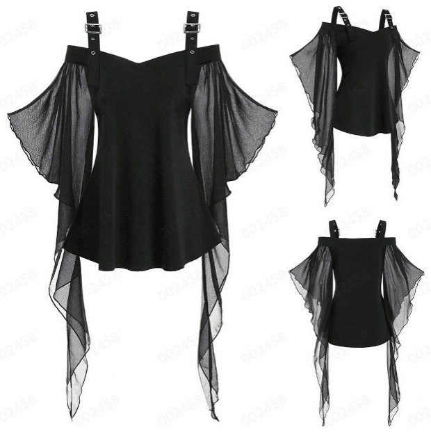 Cross-border European and American CloThing Halloween Sling Chiffon Sleeves One-line Collar T-shirT Top