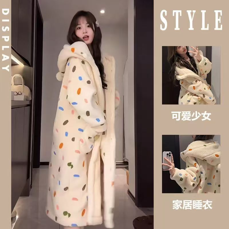 五条悟珊瑚绒连帽睡衣女冬季新款法兰绒加绒加厚中长款秋冬款睡袍|undefined