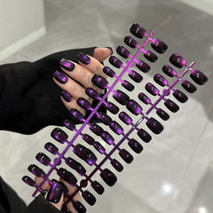 魅影紫玻璃珠猫眼预制30片穿戴甲短方轻奢高级感半成品假指甲贴片