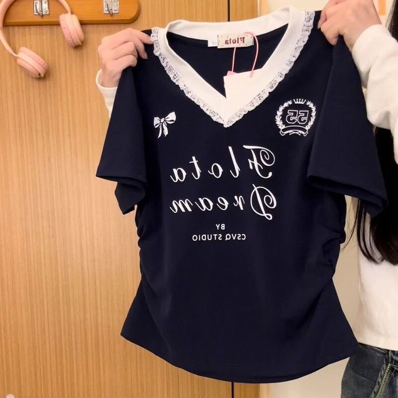 Lace Patchwork Letter V-Neck Short-Sleeved T-Shirt for Women 2026 Summer Ballet Style Waist-Cinching Slimming Short Top That Does Not Expose the Waist