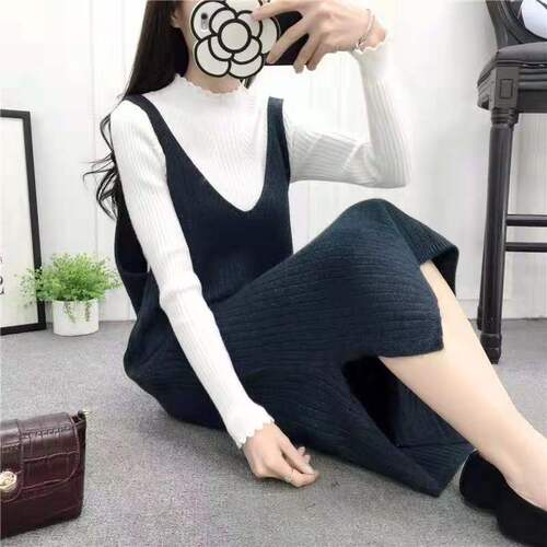 Korean Loose Hooded Sleeveless V-neck Medium-length Knit Cardigan Sweater Tank Top Belted Dress Women