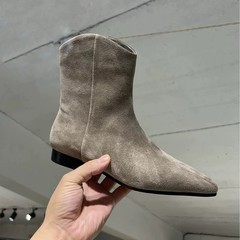 羊皮版~极简风绒面尖头平底瘦瘦靴短靴女2025新款加绒西部牛仔靴