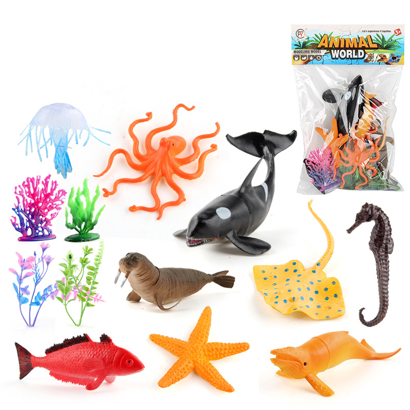 Simulación transfronteriza mini modelo de vida marina delfín tortuga ballena tiburón pulpo pingüino decoración estática traje de juguete