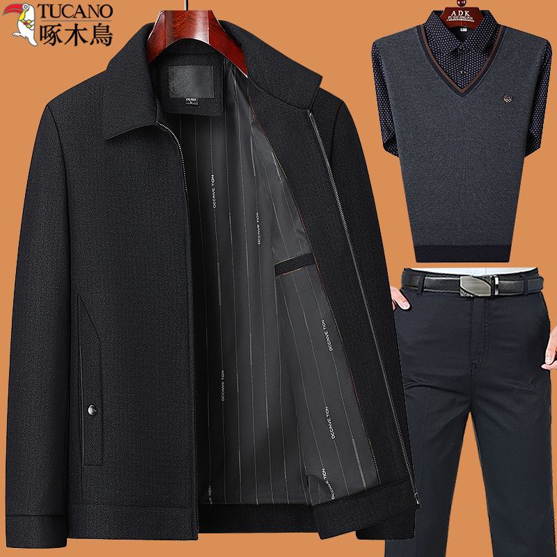 Woodpecker Dad's Outerwear Set for Spring and Autumn, Middle-Aged Men's Jacket for Autumn, 40-Year-Old, Middle-Aged and Elderly, 50-Year-Old Grandpa's Top Clothing