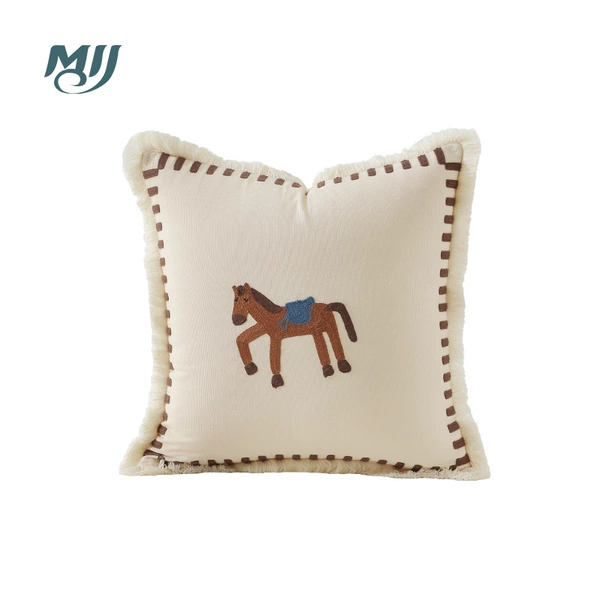 Brown horse embroidered flowing beard pillow cover