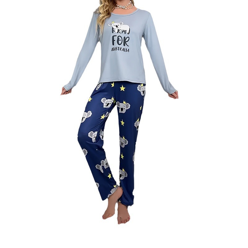 Traje de pantalones de manga larga con estampado transfronterizo de Amazon para mujer, pijamas europeos y americanos, pijamas casuales de primavera y otoño para mujer
