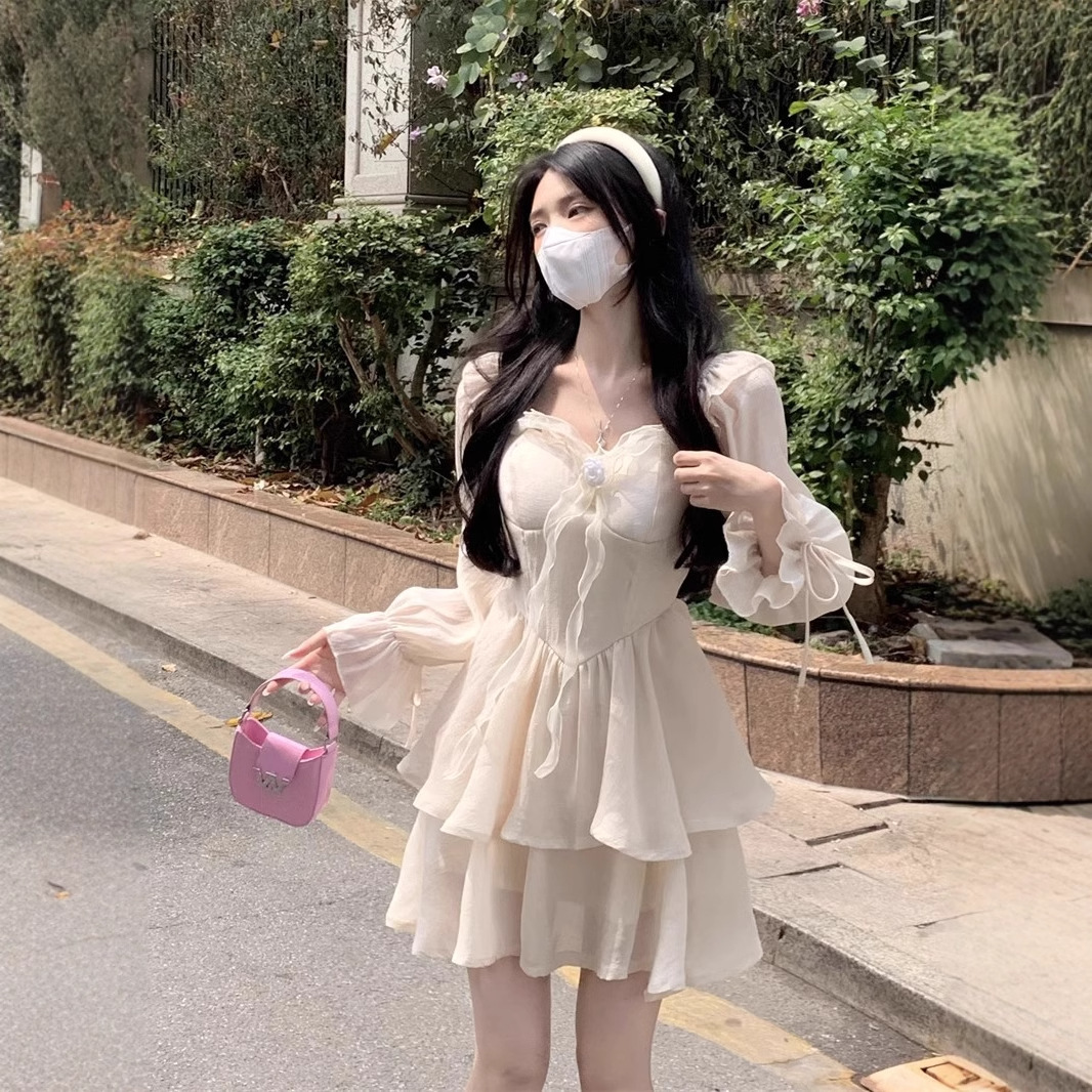 长袖小白色公主裙连衣裙女生日18岁成人礼礼服裙子长裙中学生秋冬