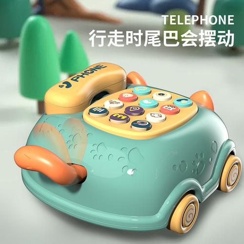 Cat pull-string telephone car baby toy, multi-functional cartoon car for infants and young children, early education educational toy