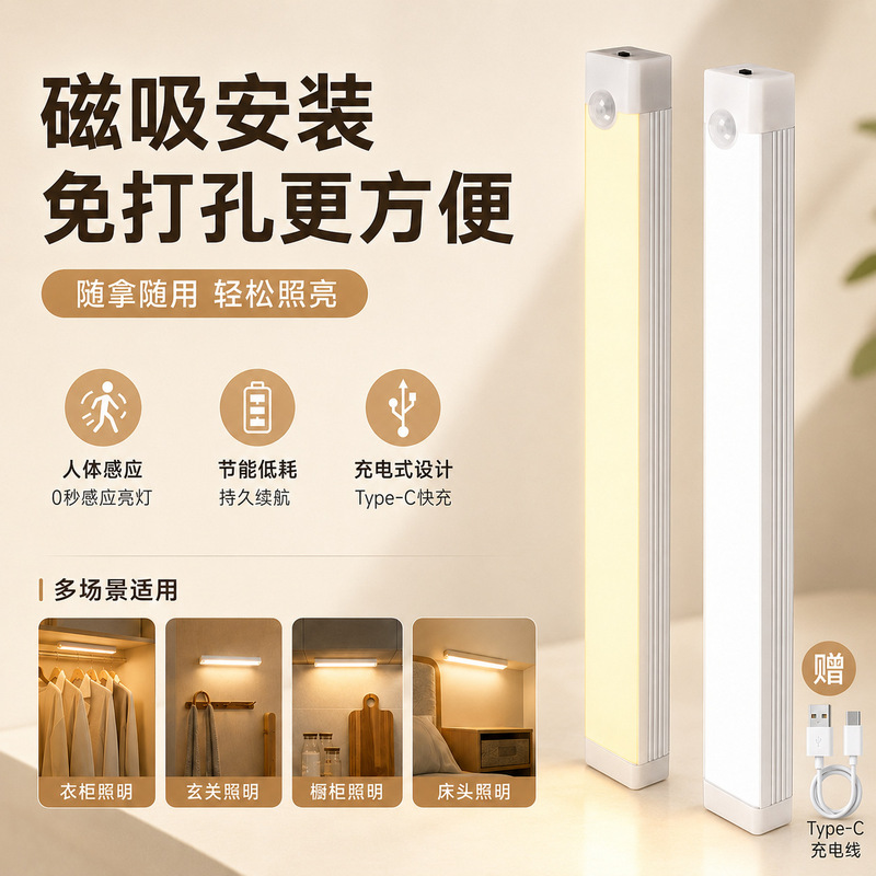 Human Body Sensor Light, Three-Color Rechargeable Magnetic Self-Adhesive Cabinet Light, Bedside USB Wardrobe Automatic Sensor Led Night Light Human Body Sensor Light, Three-Color Rechargeable Magnetic Self-Adhesive Cabinet Light, Bedside USB Wardrobe Automatic Sensor Led Night Light