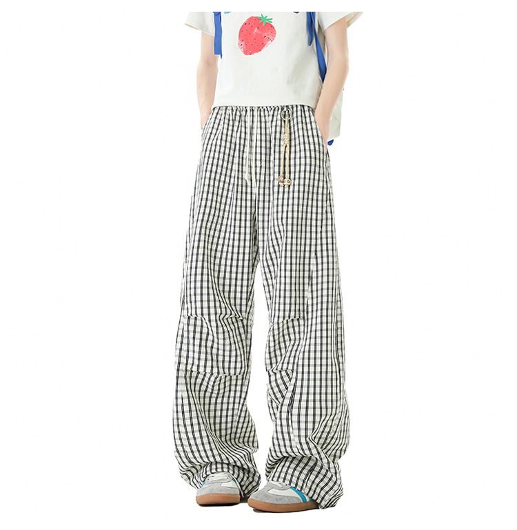 Men's Style Relaxed Fit Plaid Trousers Retro Color Block Wide Leg Casual Trendy Brand Drapey Paratrousers_viptrois.com