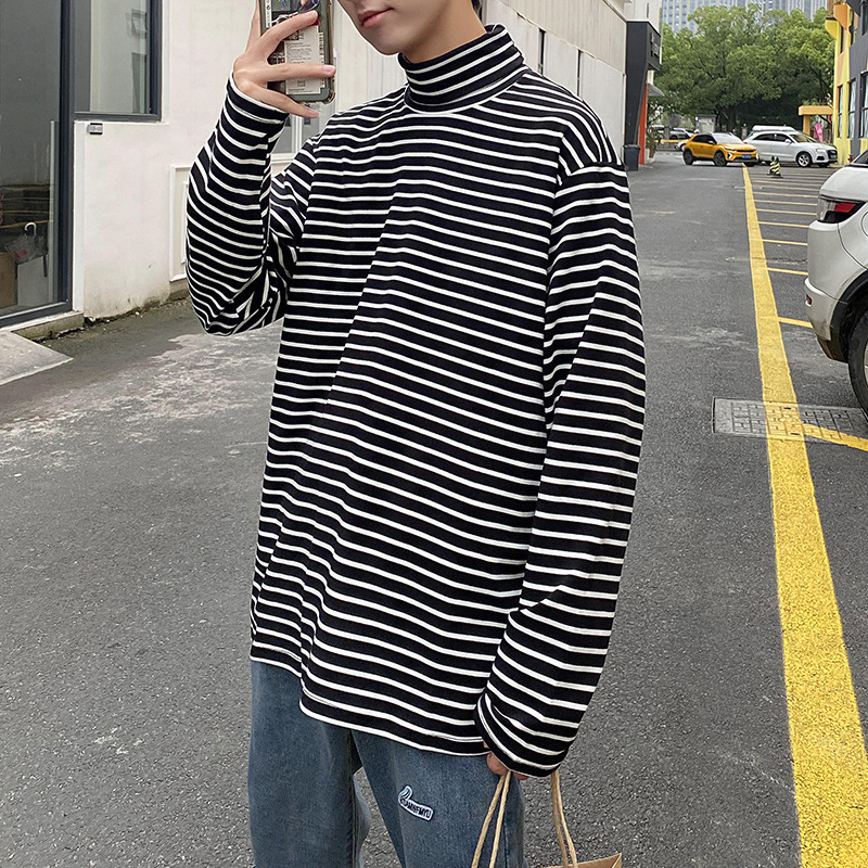 Korean-style Harajuku BF-style Trendy All-match Slim-fit High Collar Striped T-shirt Long-sleeved Student Couple Base Shirt for Men and Women