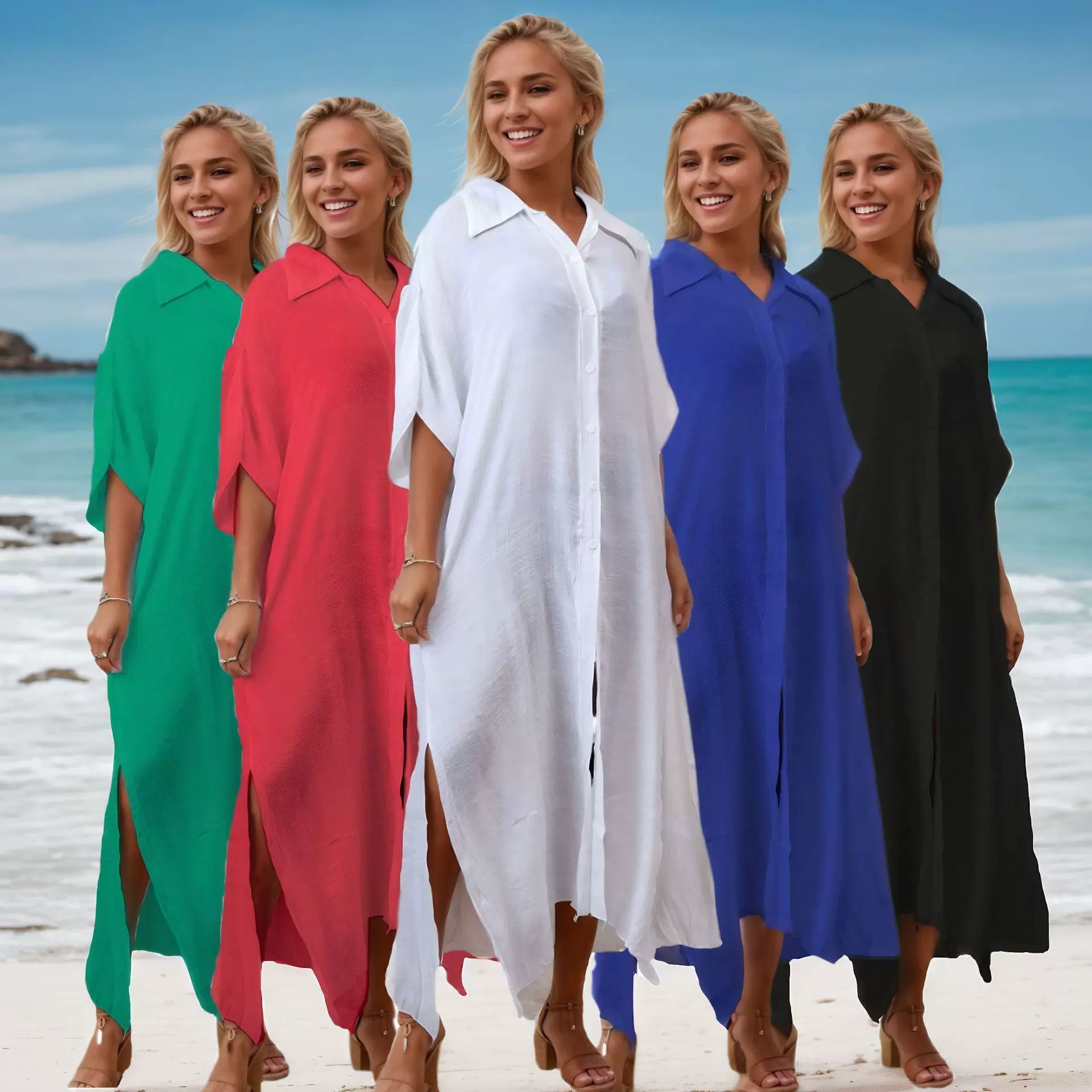 沙滩罩衫竹节棉防晒衣纯色比基尼开衫衬衫长裙女跨境亚马逊13色