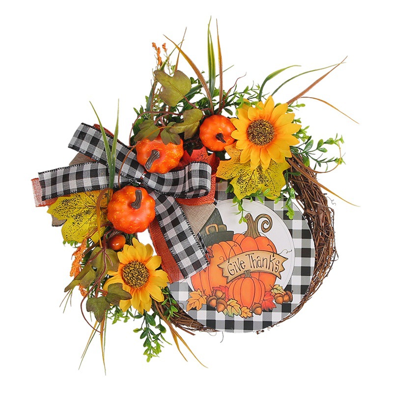 Amazon Hong Kong amor nueva marca de madera decoraciones de Acción de Gracias girasol otoño calabaza guirnalda simulación planta puerta colgante